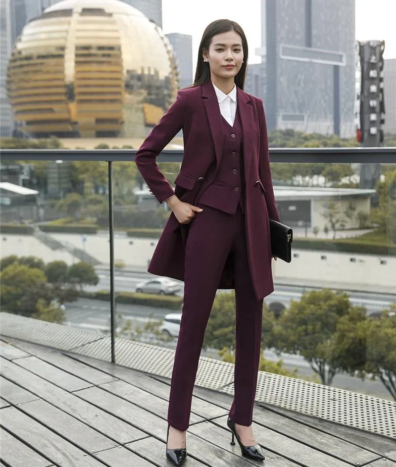 Women's Two Piece Pants Women Business Suits 3 Waistcoat Pant And Jacket Sets Purple Trench Coat Long Blazer Ladies Work Wear ClothesWomen's