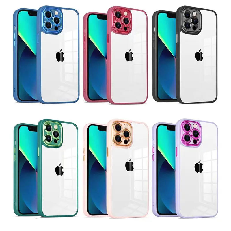 Kameralinsskydd Candy Color Frame Crystal Clear Cases Transparent stötsäker akryl Armor Mjuk stötfångare för iPhone 8 7 Plus XR X XS 11 12 13 Pro Max