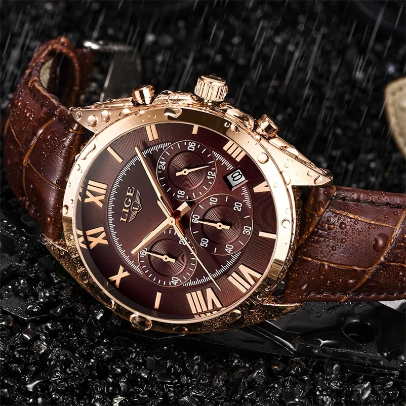 Lige Watch for Men Top Luxury Waterpoof 24時間クォーツクロックブラウンレザースポーツリストウォッチRelogio Masculino 220523