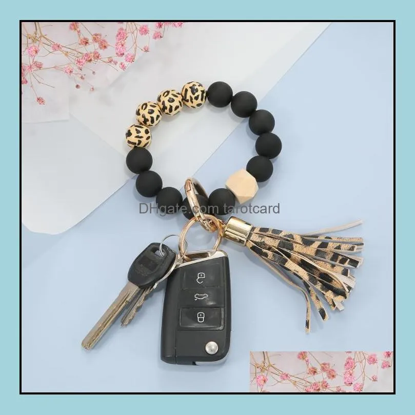 Fashion rosted Wooden Bead Bracelet Keychain Party Favor Pattern Tassel Pendant Bracelets Women Girl Key Ring Wrist Strap 7 Colors