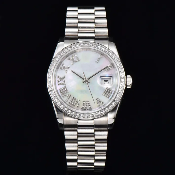 Luksusowy męski zegarek z białą tarczą 36 mm cyfry rzymskie masa perłowa z diamentowym niebieskim szkłem kryształowym okno kalendarza 904L składana klamra w pełni automatyczna maszyna