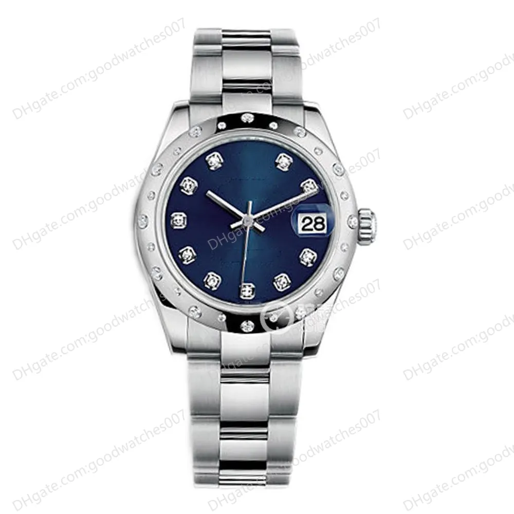 Высококачественные азиатские часы 2813 Sport Automatic Ladies Watch 31-миллиметровый Blue Diamond Dial M178344-0029 Watchs Luxury Bezel из нержавеющей стали складной застежки часы