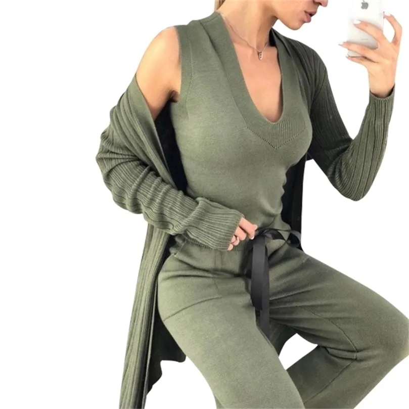 Taovk Autumn Women's Sticked Tracksuit 3 stycken Set Long Sleeve Cardigan and Sleeveless Pullover Tops and Pants Suits 210331