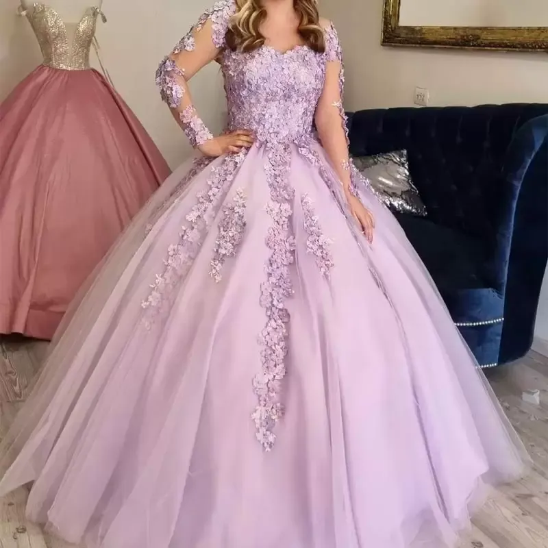 2022 Lilac Lavender Quinceanera Dama Dresses With 3D Floral Lace Applique Floor Length Tulle Long Sleeves Corset Back Perfect For Pageants Proms And Parties Vestidos 403 403 From Babyonline 424.45 DHg...