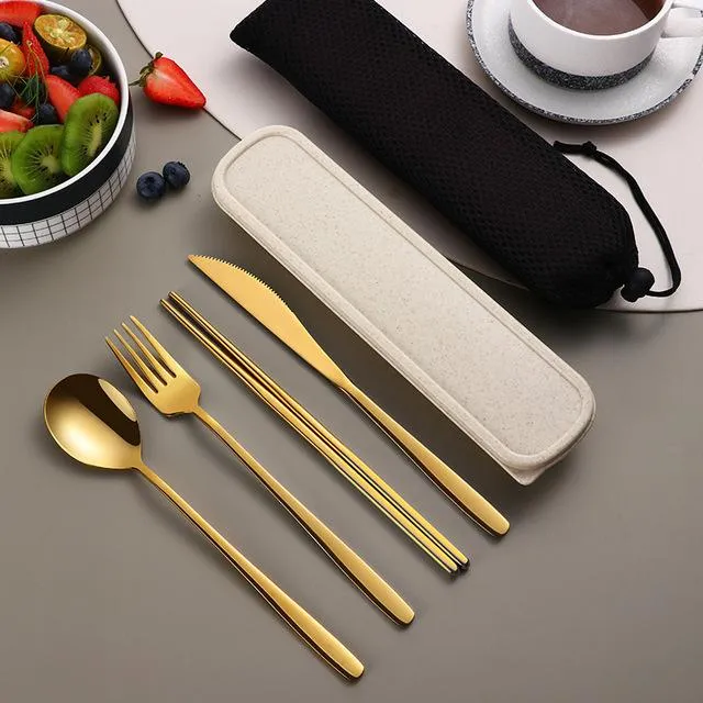 Stainless Steel Flatware Set Portable Cutlery Sets For Outdoor Travel Picnic Dinnerware Set Metal Straw With Box And Bag Kitchen Utensil