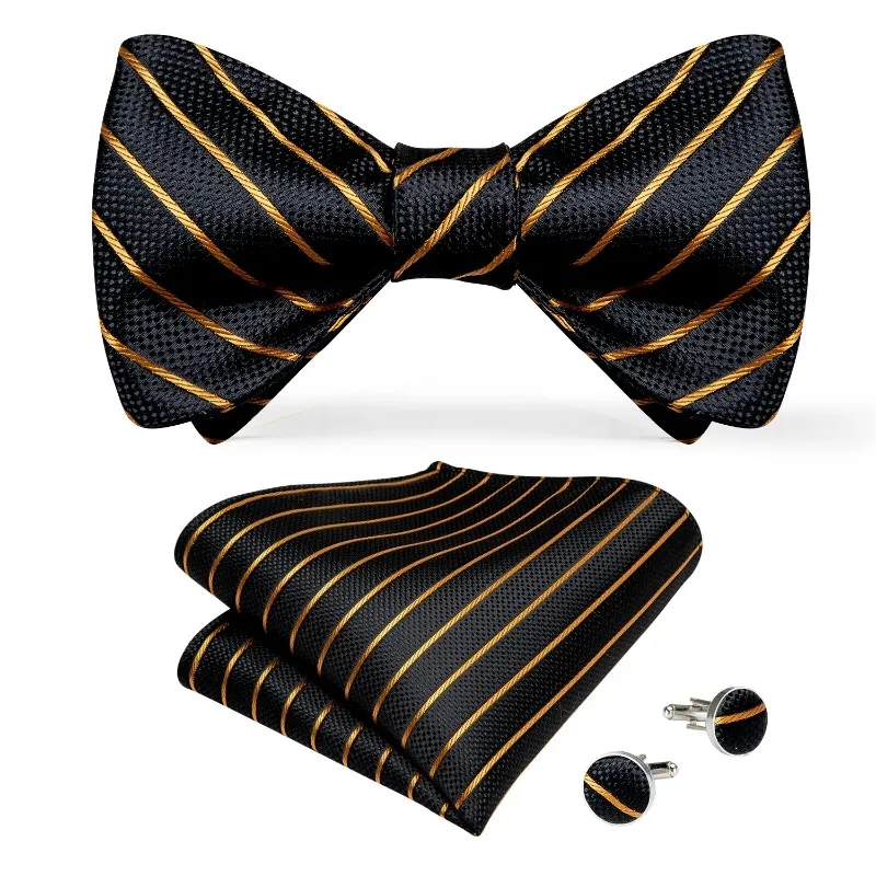 Hi-Tie Bow conjunto luxo preto ouro listrado seda auto para homens cair lh-0093 w220323