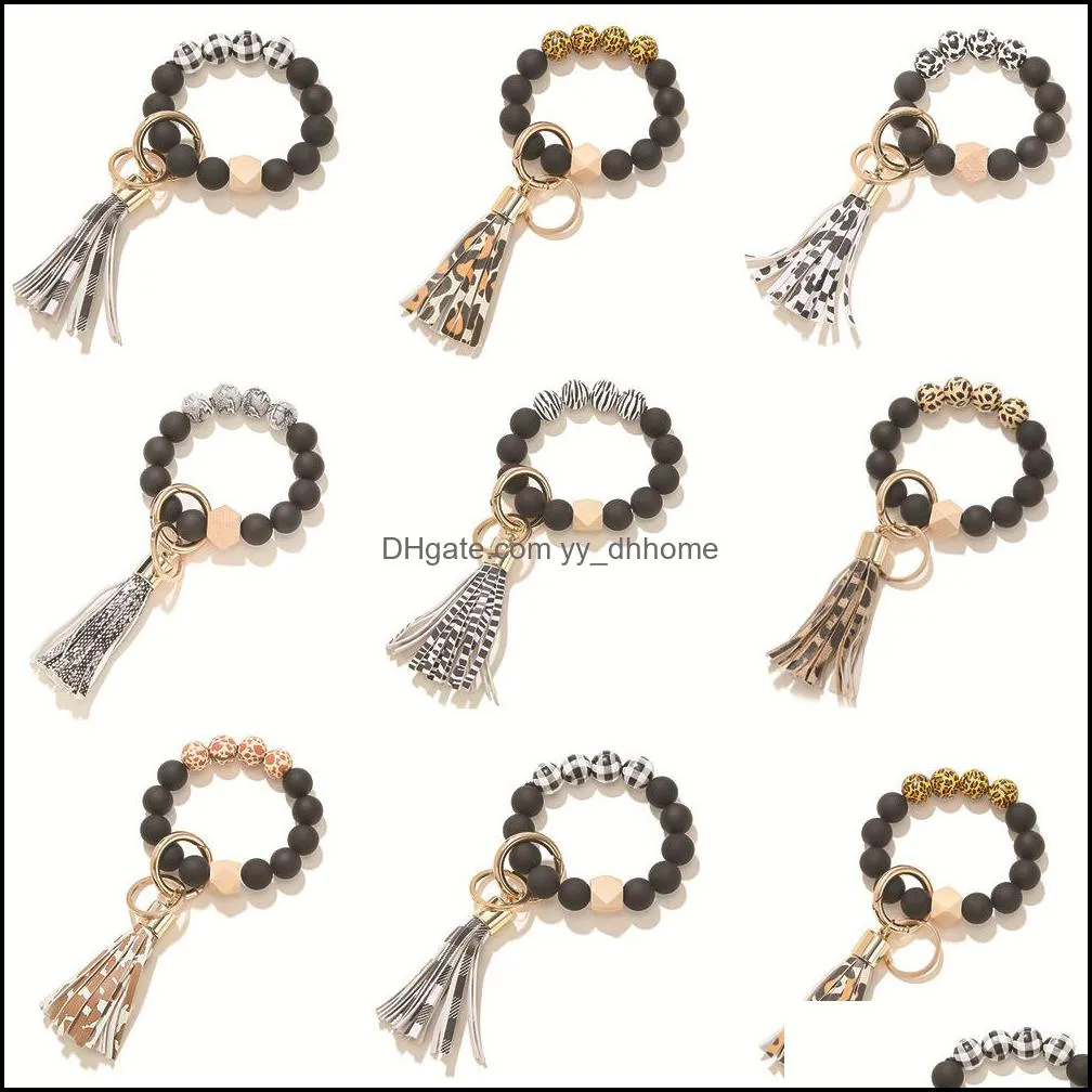 black frosted wooden bead bracelet keychain party favor fashion pattern tassel pendant bracelets women girl key ring wrist strap 7