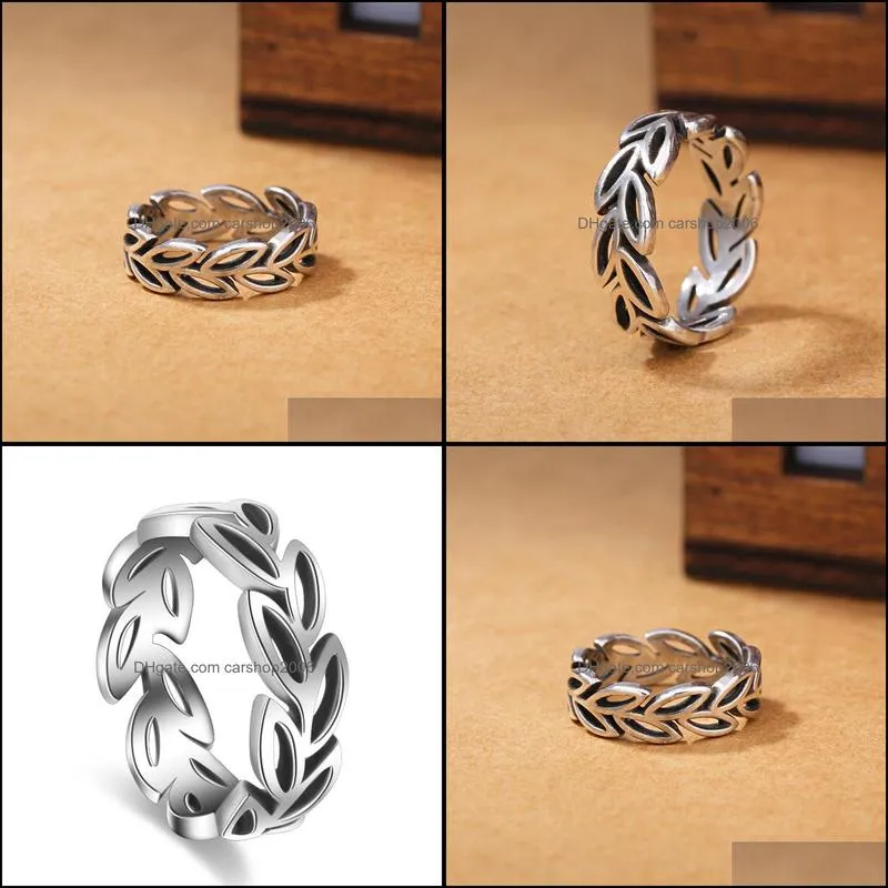 S925 Silver Antique Band Rings Hollow out Leaves Adjustable Women Jewelry