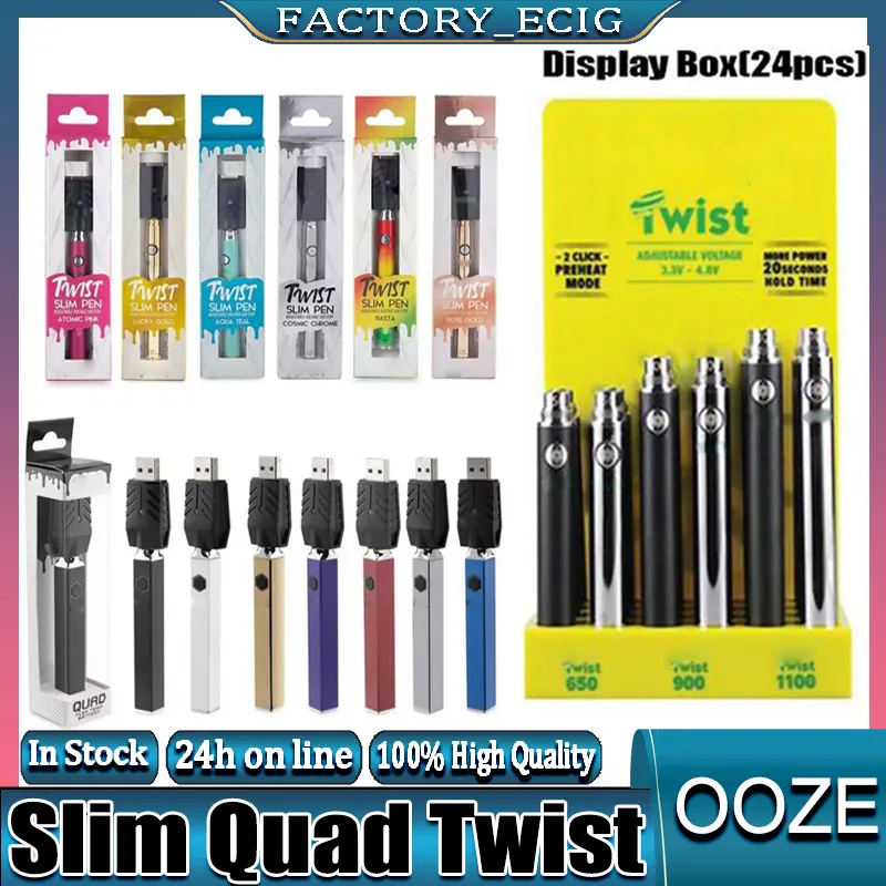 Slim Twist Pen Quad Twist Preheat Battery 650mAh 900mAh 1100mAh med Display Box Variable Voltage 510 Tråd Vape VS Vision Spinner Mini Istick