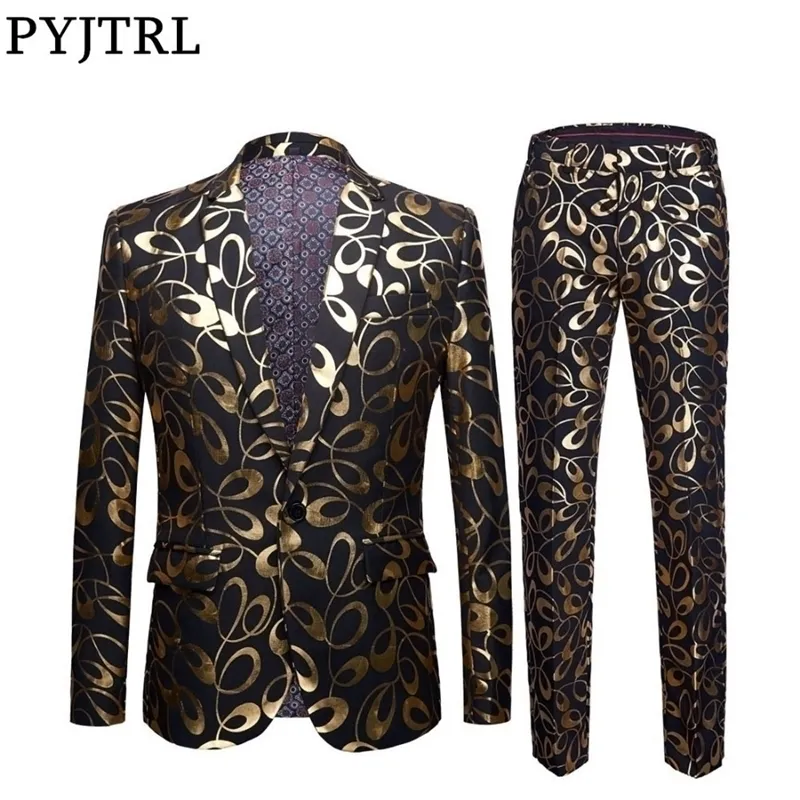 PYJTRL Brand Male Plus Size 5XL Gold Floral Pattern Slim Fit Mens Suits With Pants Wedding Groom Tuxedo Singer Costume 201106