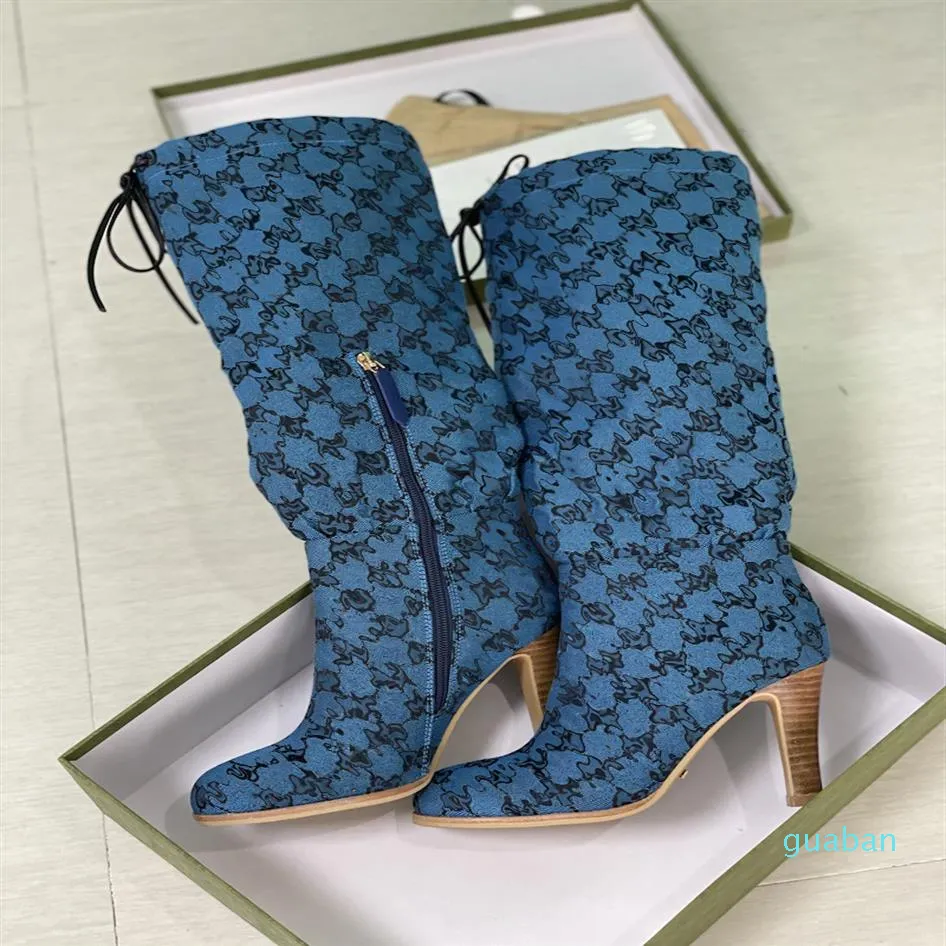 أزياء Half Boots Designer Boot Blue Multicolor Canvas Shoe Fashion High Heel Zipper Stilettos Sexy Ladies