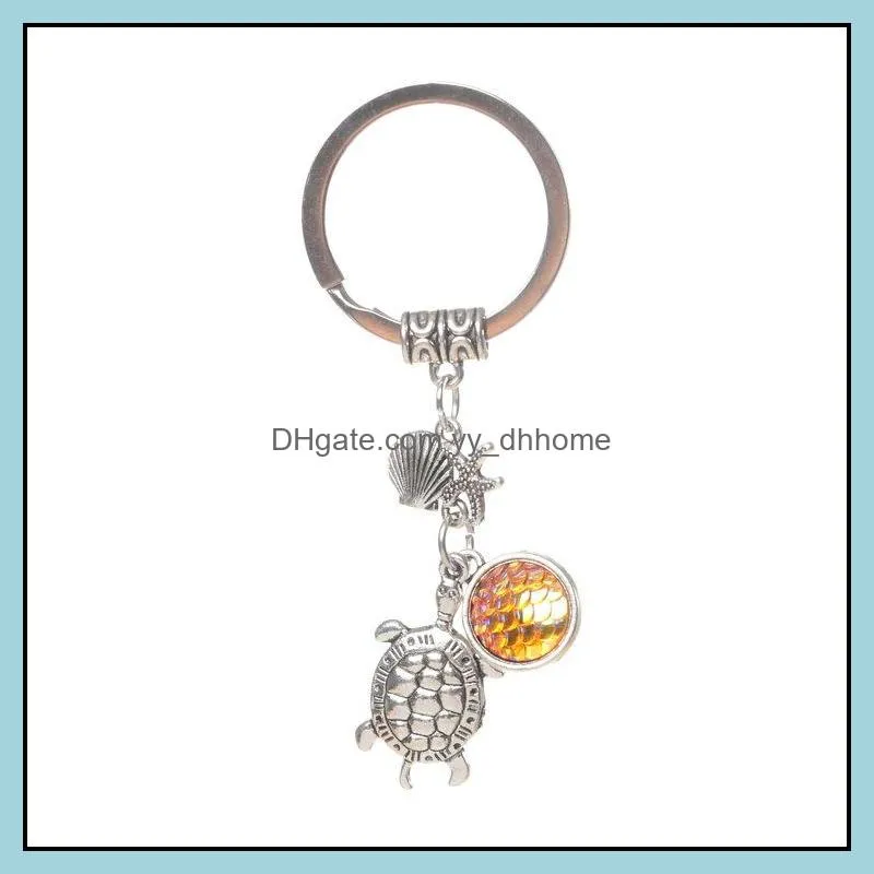 Fashion Drusy Druzy keychain Mermaid Key Rings Tortoise Starfish Fish Scale Charms Keychain Jewelry For women