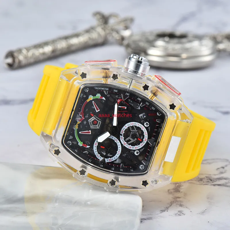 Прозрачные нижние 6-контактные мужские часы Diamond Quartz Watch Hollow Glass Back Back Steel Steel Case Watch Black Rubber