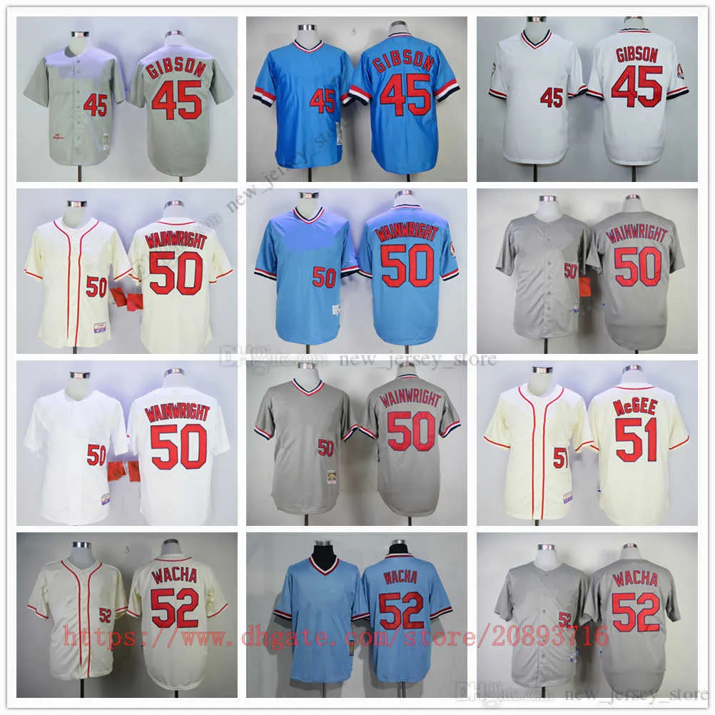 فيلم Vintage Baseball قمصان يرتدي خياطة 45 Bobgibson 50 Adamwainwright 52 MichaelWacha جميعها مخيط رقم Number Sport جودة عالية