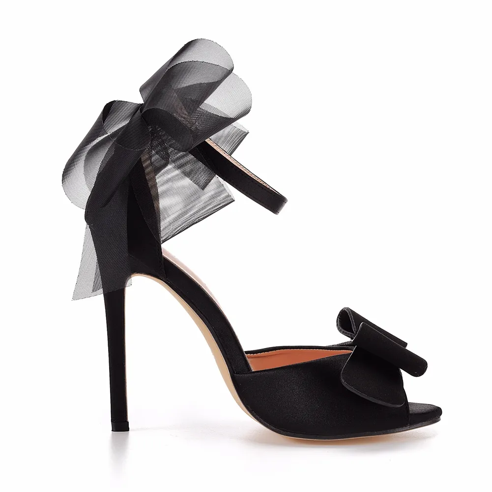 Women Shoes Gladiator Black Bilk Bow Thin High Heels Buckle Strap Platform Sandals Summer Pumps Party Stiletto