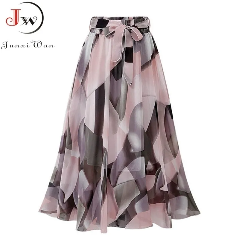 Vintage Floral Imprimir Saias Chiffon Mulheres Sprint Verão Coreano Uma Linha Rosa Streetwear Cintura Alta Senhoras Midi Saia 220317