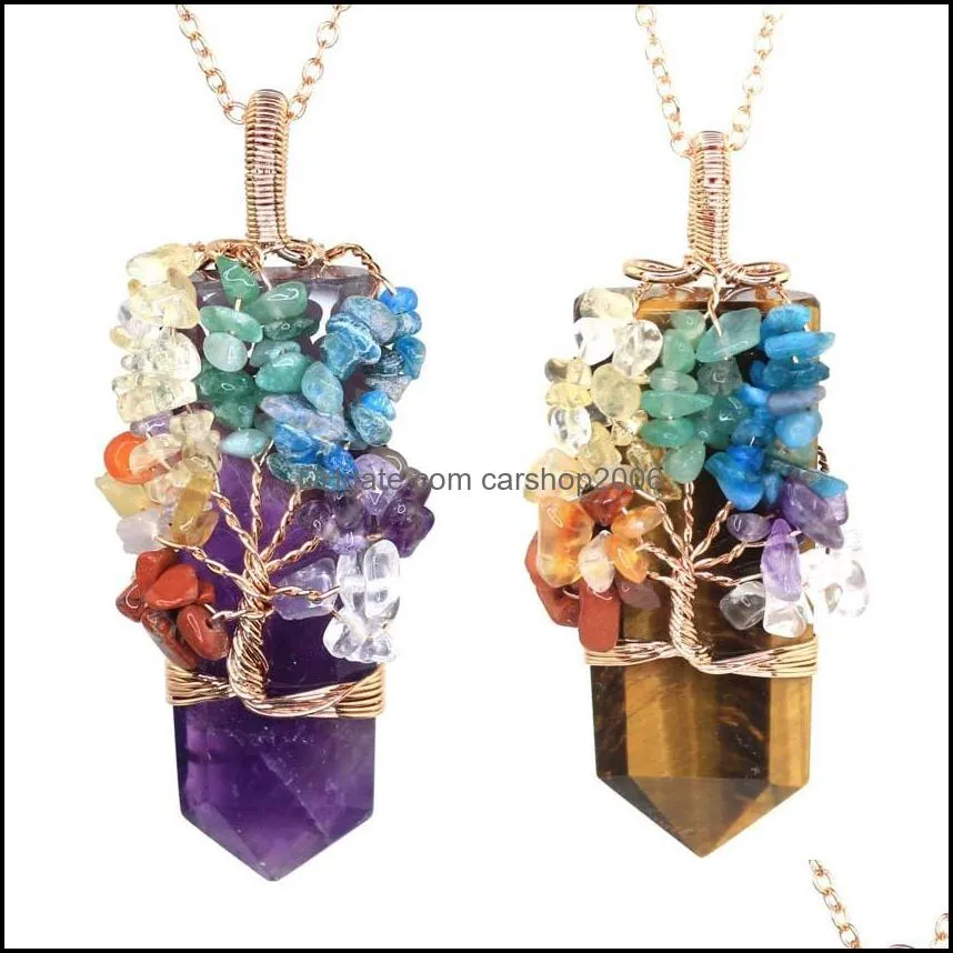 Pendentif Colliers Pendentifs Bijoux Jln Cristal Naturel Puce Pierre Précieuse Fil Enveloppé Quartz Épée Forme Hexagone Prisme Amet Charme avec Laiton C