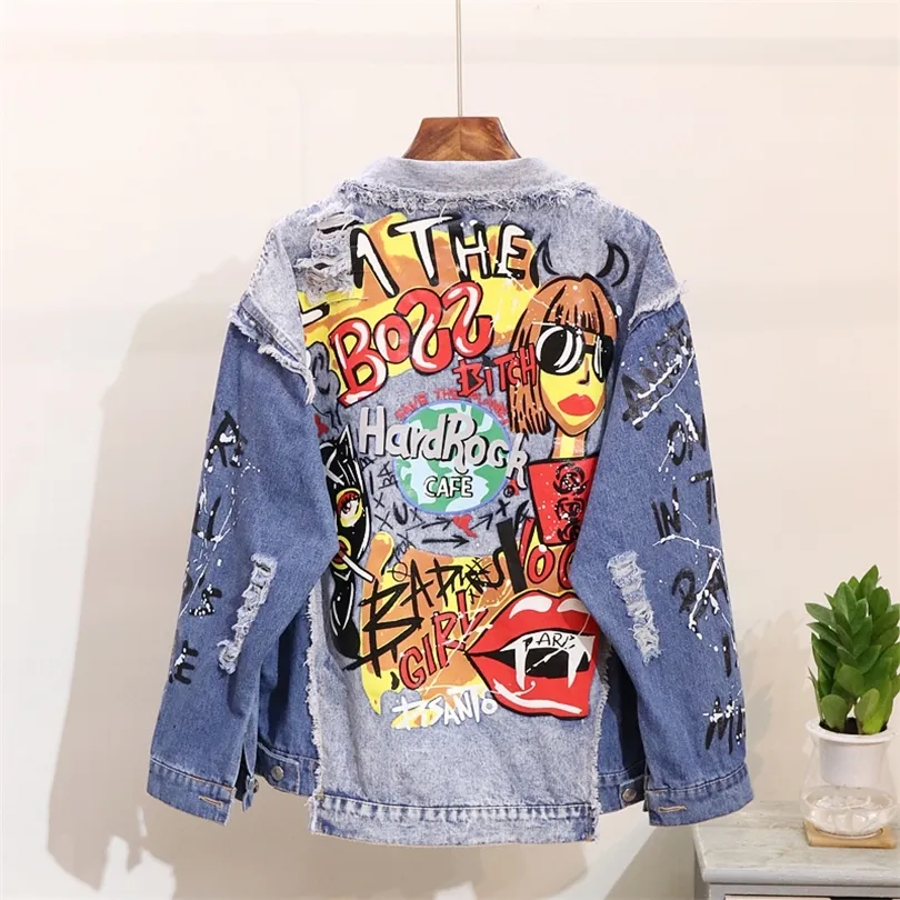 Outono Nova Moda Denim Casaco Mulheres Harajuku Graffiti Impressão Desgastado Longo Manga Denim Jaqueta Menina Estudantes Jeans Casacos Outwear T200319