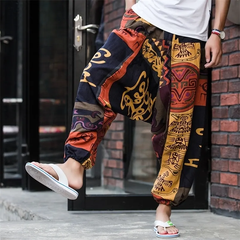 Mężczyźni Workowate Pantie Hip Hop Joggers Przyczynowe luźne spodnie Aladdin Crotch szeroką nogę bawełniane spodnie lniane pantelony hombre 220817