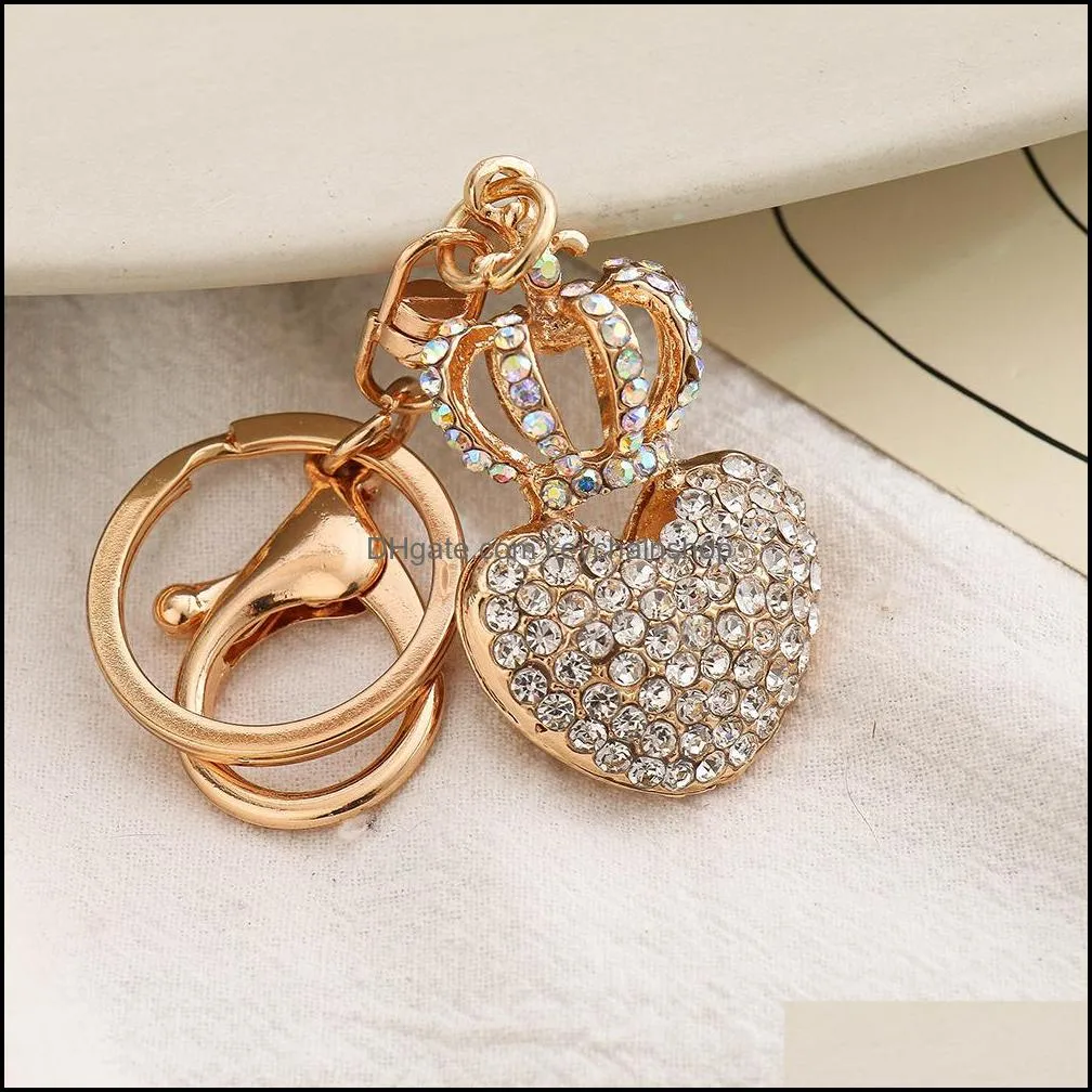 fashion 4 colors diamond love keychains for women heart crown keychain creative peach heart bag pendant charms jewelry accessories