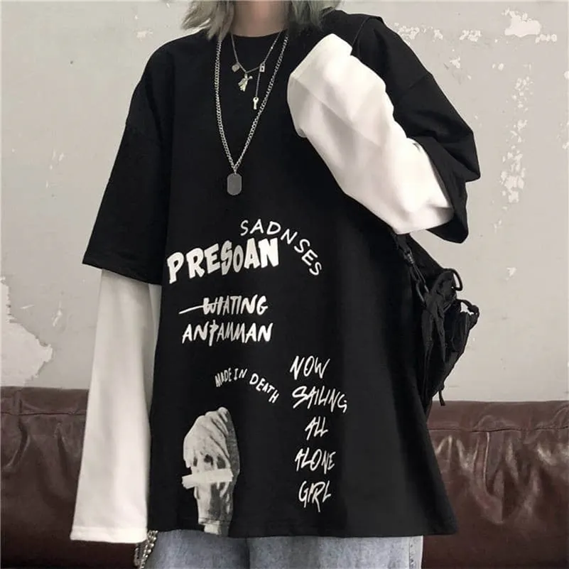 Oversized Black T-Shirt for Women - Loose Fit Punk Style Tee