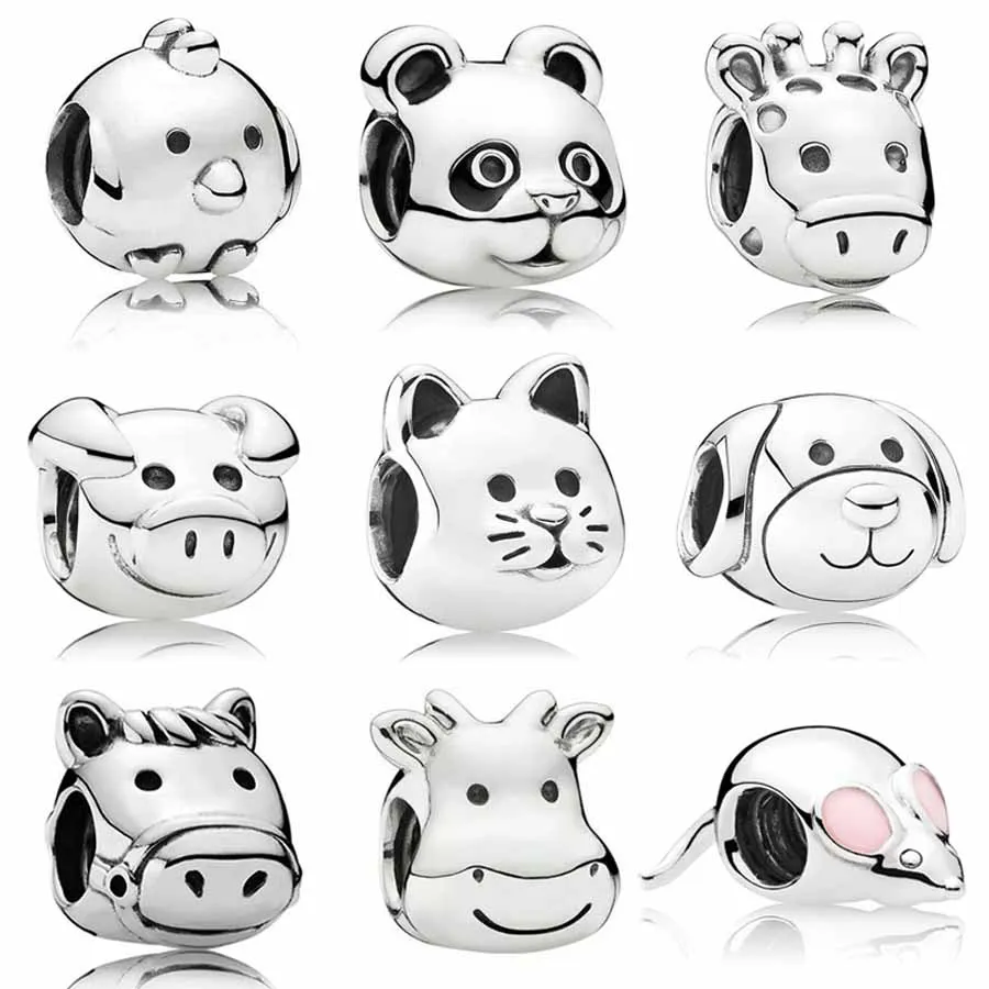 925 Argent Fit Pandora Charm 925 Bracelet Heureux Cheval Chat Girafe Ludique Cochon Poulet Vache Perle ensemble de charmes Pendentif DIY Fine Perles Bijoux