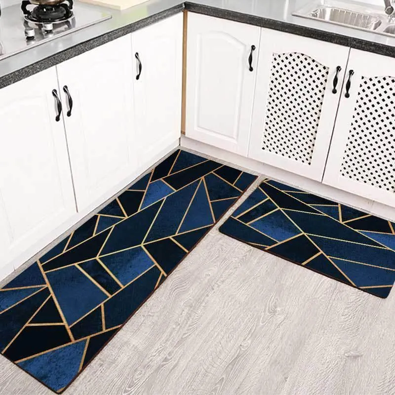 Tapis de cuisine géométrique moderne bleu foncé noir décor à la maison salon couloir entrée tapis chambre chevet anti-dérapant tapis tapis