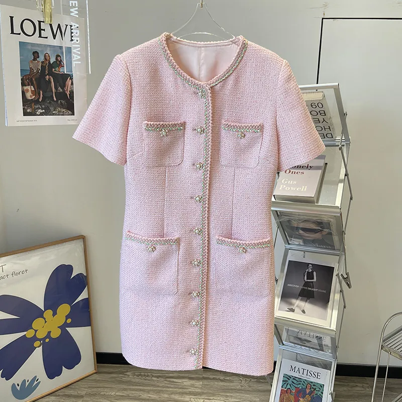 Elegant Pink Tweed Short Sleeve Pink Sparkly Dress With