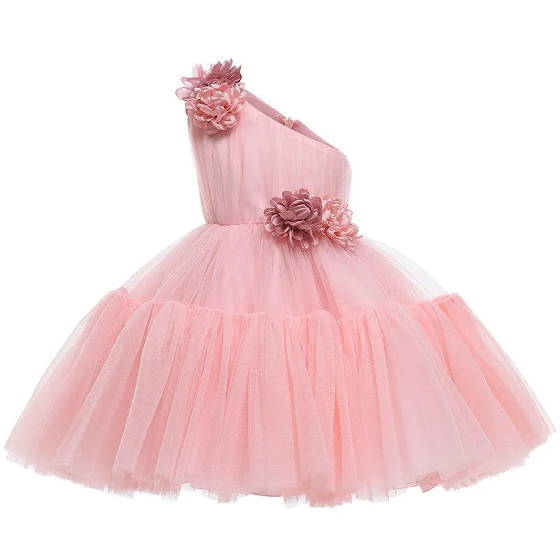 Girl's Dresses Baby Girls Casual Toddler Clothes Kids Skirt Diagonal Neck Mesh Puppet Three-Dimensional Flower Princess E3019