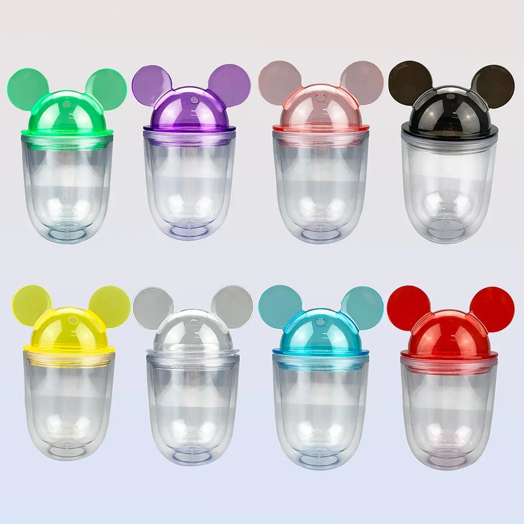 UPS 9 couleurs petits gobelets d'oreille de souris en acrylique de 12 oz avec gobelet à couvercle en dôme en plastique transparent pour enfants fêtes d'enfants à double paroi