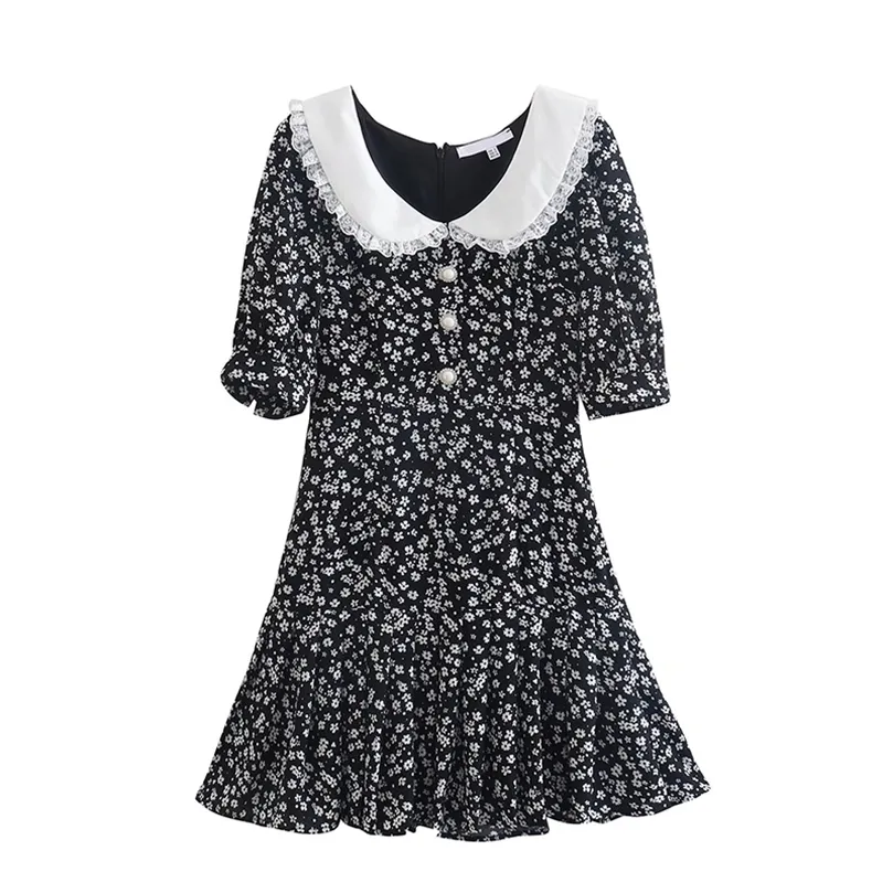 Yenkye Summer Women Lace Patchwork Peter Pan Collar Floral Print Dress Puff Sleeve Ladies Vintage Dress Chiffon Short Robe 220517