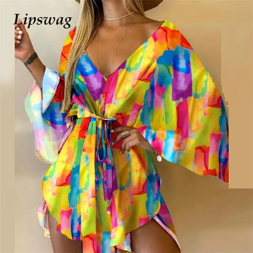 Casual Leaf Leopard Print Harajuku Batwing Sleeve Dress Lady Elegant Lace-Up Irregular Party Dress Sexy V-Neck Women Mini Dress 220510