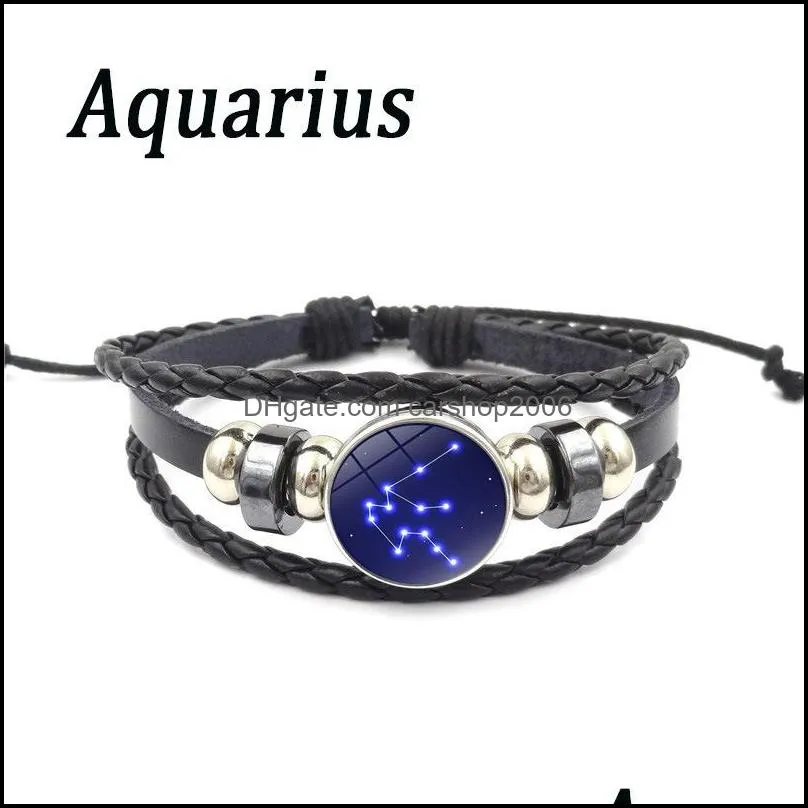 12 zodiac bracelet jewelry with genuine leather glass cabochon constellation zodiac signs multilayer charm bracelet bangle