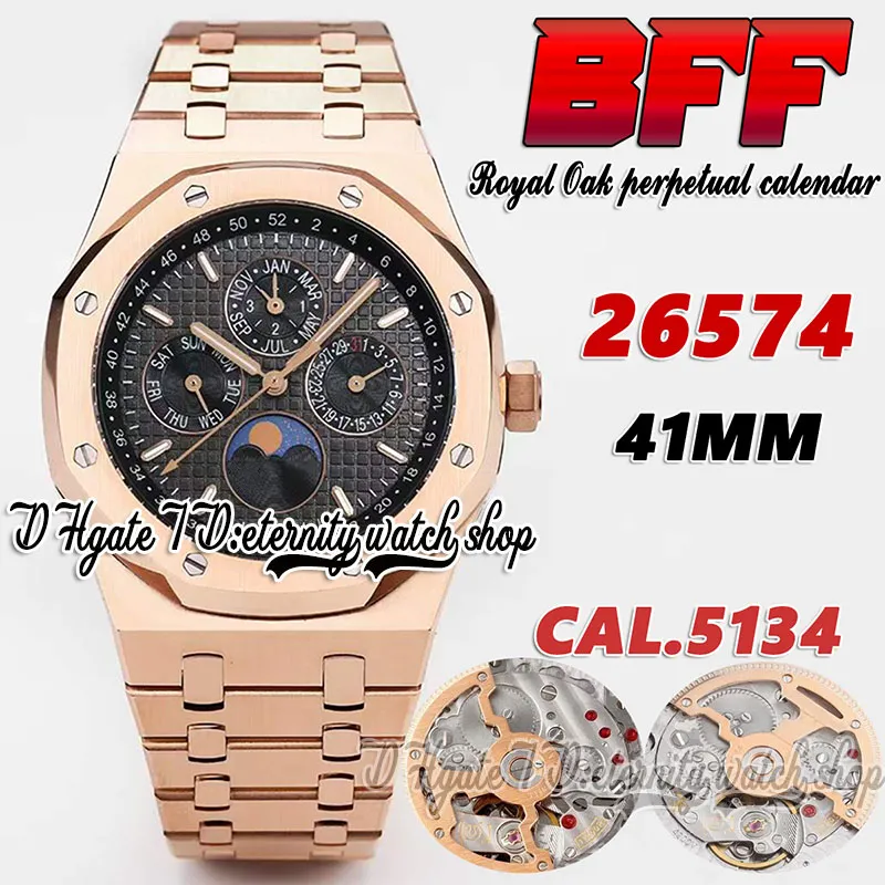 BFF BF26574 Skomplikowana funkcja Cal.5134 BF5134 Automatyczna męska zegarek 41 mm Księżyc Faza Czarna teksturowa tarcza sztyftu Rose Gold Bransoletka Eternity Watches