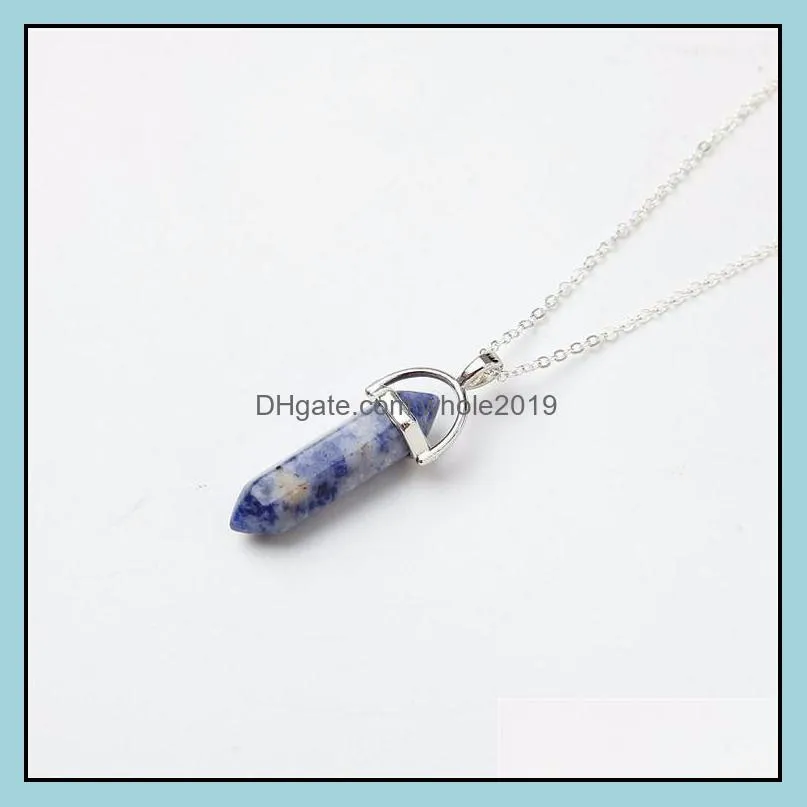 24colors hexagonal crystal pink purple quartz natural stone pendant chakra necklace with 50cm stainless steel chain