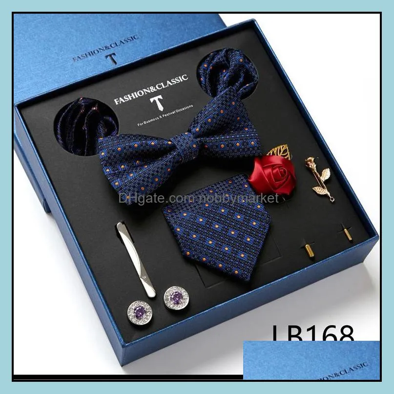 Bow Ties Factory Sale Brand Fashion 100% Silk Woven Tie Pocket Squares Cufflink Set Necktie Box Man`s Sliver Paisley Lover`s Day