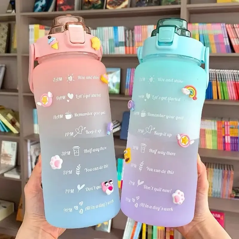 2000ml Stickers Water Bottle with Straw Cute Portable Scale Bottles Water Outdoor Travel Kettle for Adult Student P0XZ0729