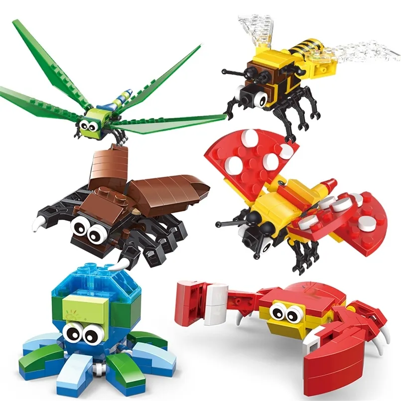 HUIQIBAO serie de insectos bloques de construcción de animales envolver cangrejo ciudad clásica ladrillo creativo juguetes educativos para niños al azar 1 modelo 220715