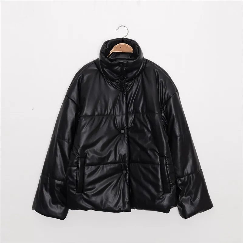 Mujeres chaqueta negra falsa cuero tortuga botones de manga larga abrigo corto casual de invierno con bolsillos 201029