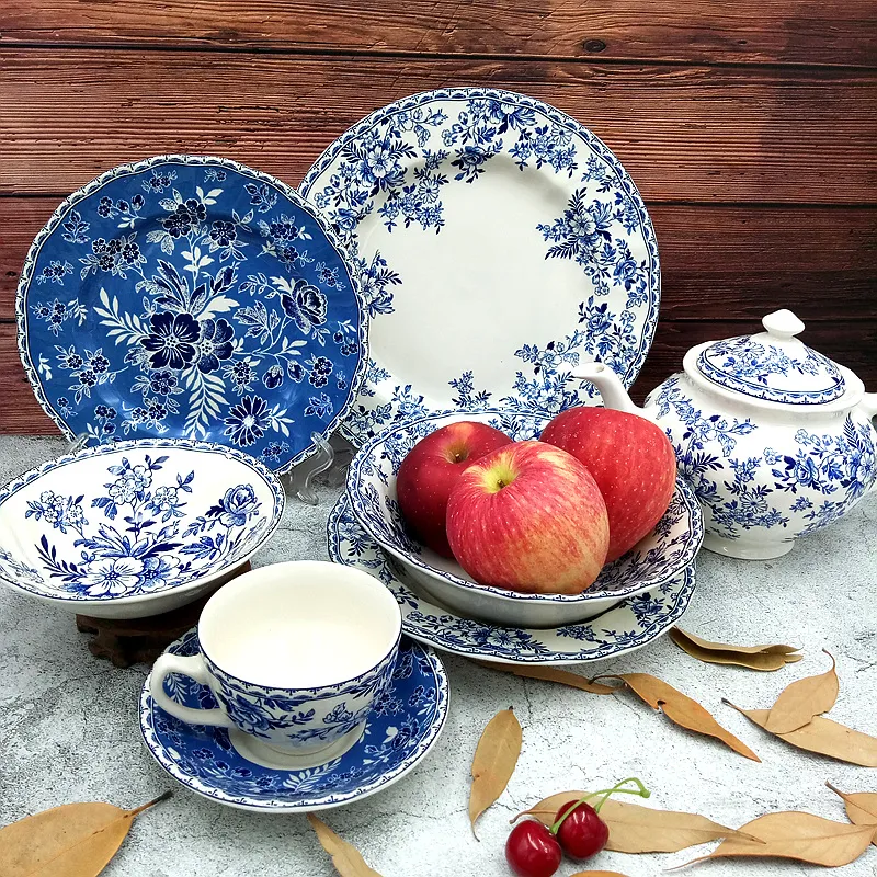 Angleterre Countryside Style Blue and White Ceramic Dishes Astates Break Flower Dîner Plat Dessert Assiette Plaque à soupe Soucoupe