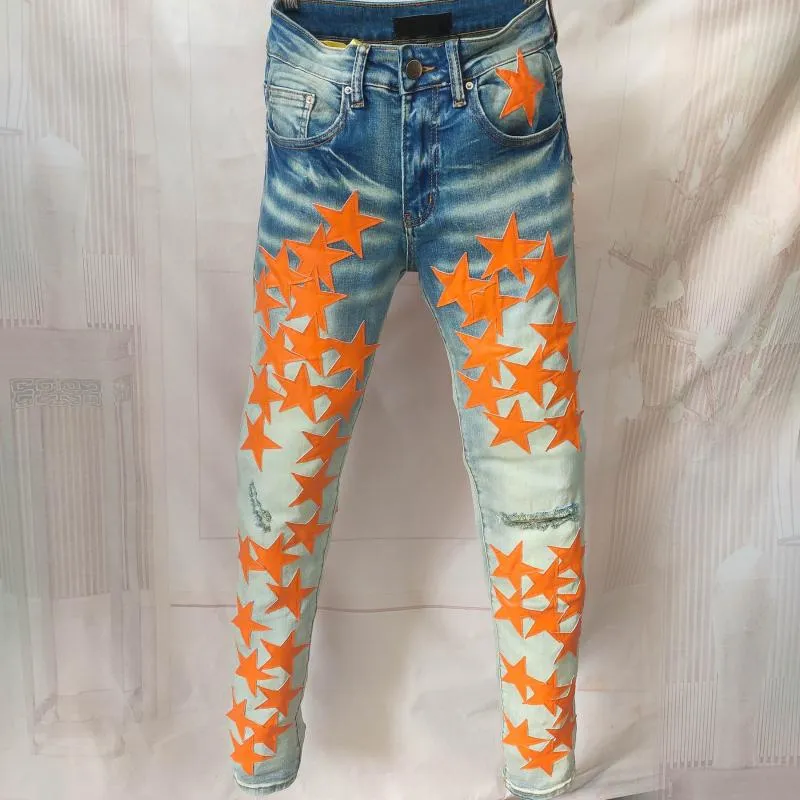 Erkekler kot homme marque de lüks turuncu yıldız deri patchwork jean hole repair sokak kıyafetleri yırtık erkek motosiklet pantmenler