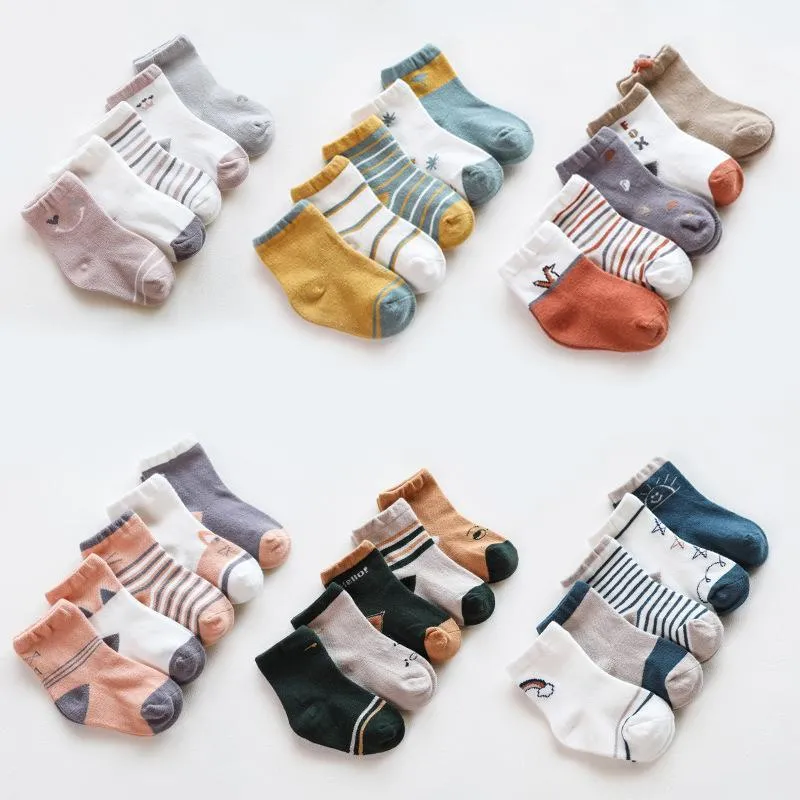 Socken 5 Paare/satz Schöne Cartoon Baby Für Geboren Streifen Mädchen Junge Baumwolle Säugling Kleinkind Boden Kinder Sokken