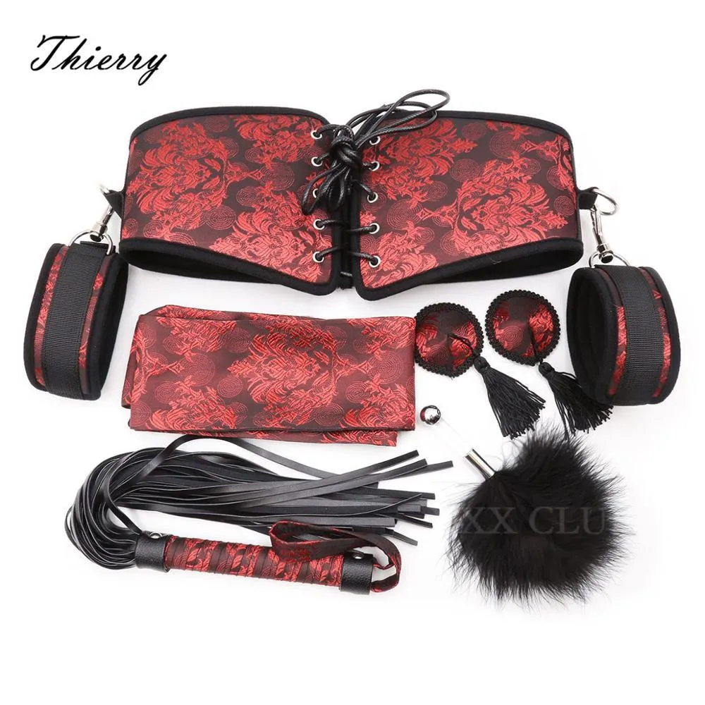 Thierrry soie tissu mamelon Pasties Corset bandeau bras manchette fouet plume Bondage érotique sexy jouets pour Couples femme SM jeu