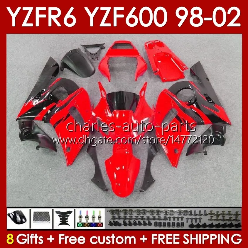 Yamaha için Vücut Çerçevesi YZF-600 YZF R6 R 6 600cc YZFR6 1998 1999 00 01 02 KUTUSUNDA 145NO.63 YZF 600 CC Cowling YZF-R6 98-02 YZF600 98 99 2000 2001 2002 Kaplama Kiti Kırmızı Flames Blk Blk