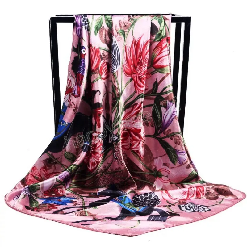 Square Headcloth Sunscreen Silk Scarves Flower Print 90X90CM Bandannas Four Seasons Beach Towel 2022 Fashion Shawls