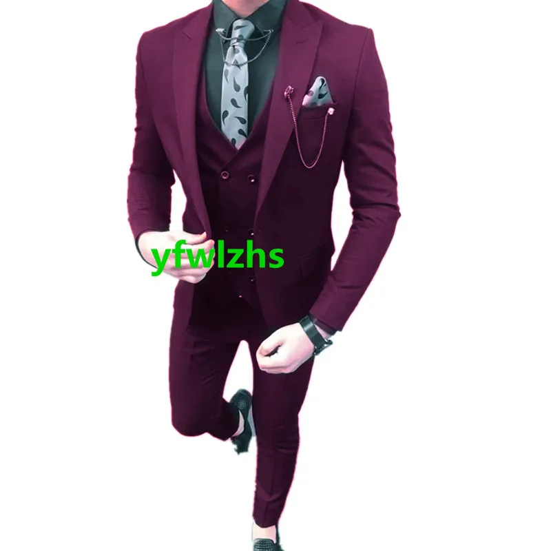 Tuxedos de mariage bordeaux hommes costumes garçons d'honneur pic revers marié Tuxedos mariage/bal homme Blazer veste pantalon gilet cravate W961