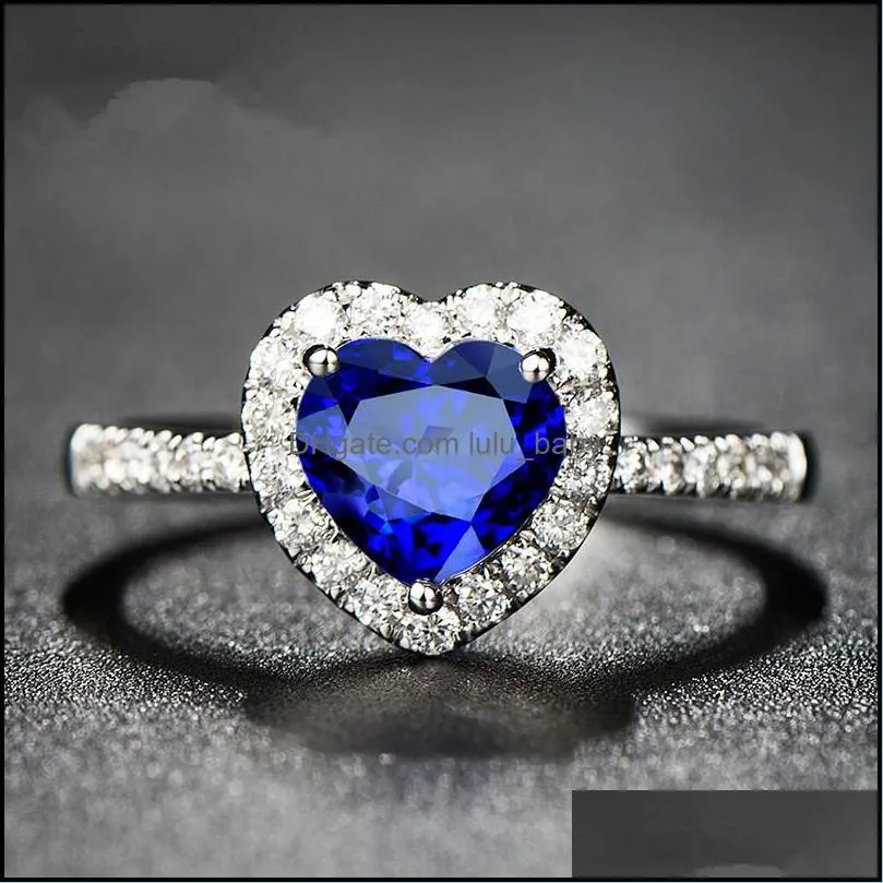 Blue Austrian Crystal Heart Love Rings for Women Clear Rhinestone Romantic Rings Wedding Jewelry Party Wholesale Hot Sale