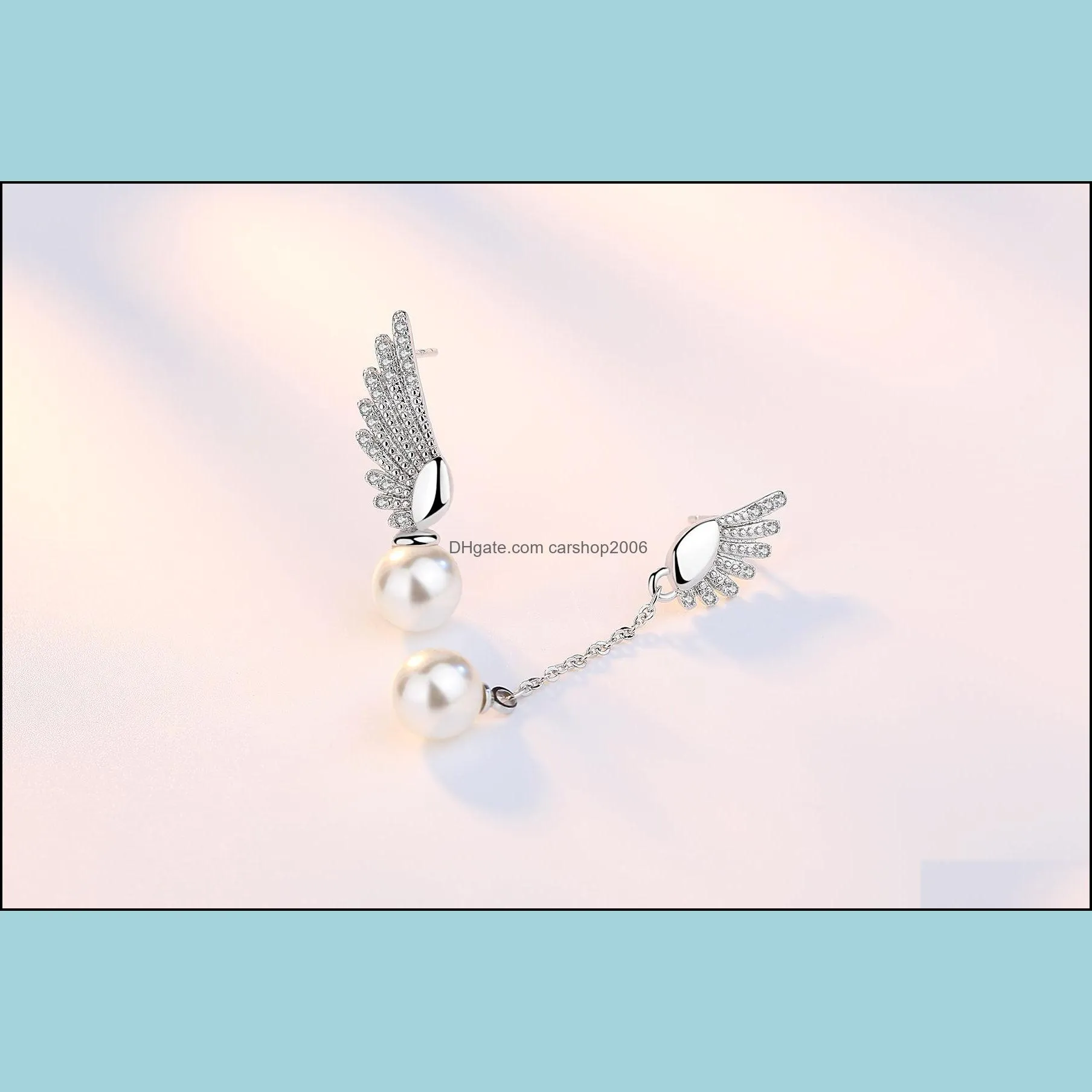 Fashion 925 silver plated ABS imitation pearl earrings asymmetry individuality Angel`s Wings stud earrings for women jewelry J120