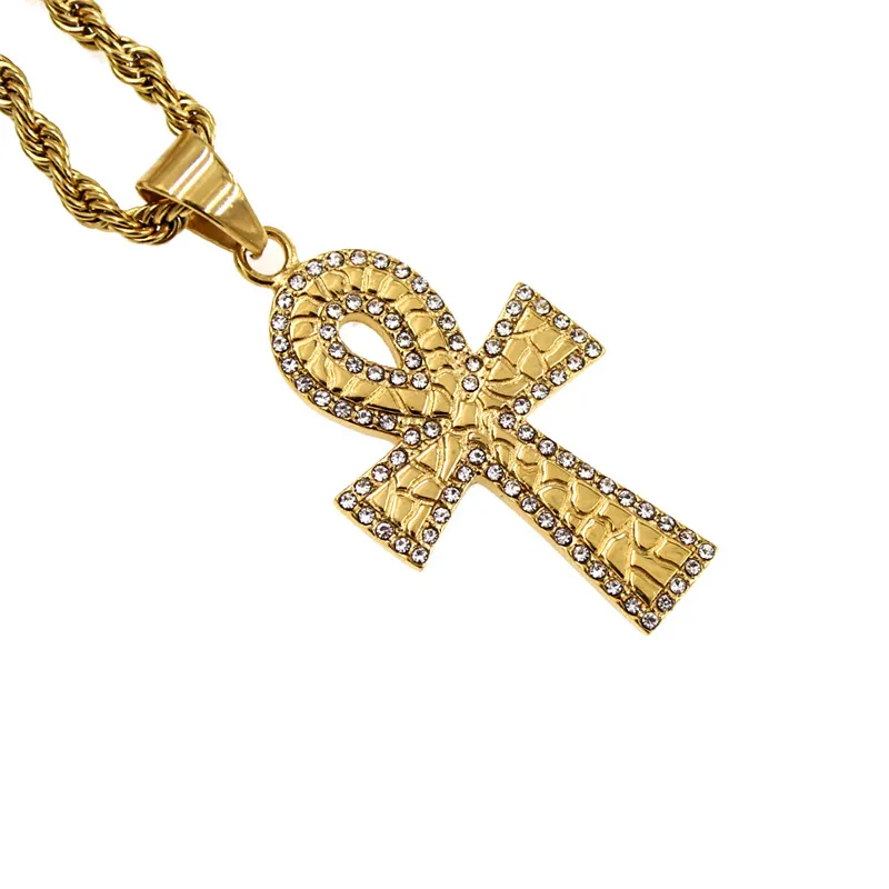 Stainless Steel Ancient Egyptian Gold Ankh Necklace Pendants Jewellery Religious Cross Agypt Charm Necklace Jewel With CZ Stone Fashion Hip Hop
