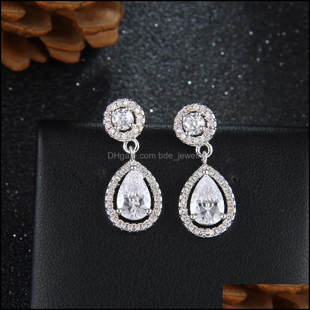 gold plated cubic zirconia waterdrop shape drop earring for women elegant copper earring gift for brides bridesmaids